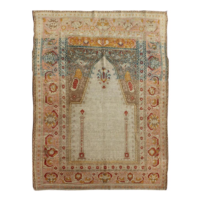 Antique Hand Knotted Turkish Sivas Prayer Rug With Floral Design in Ivory, Taupe, and Pink For Sale
