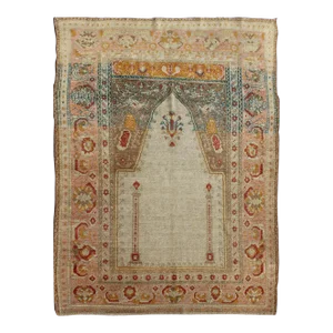 Antique Hand Knotted Turkish Sivas Prayer Rug With Floral Design in Ivory, Taupe, and Pink