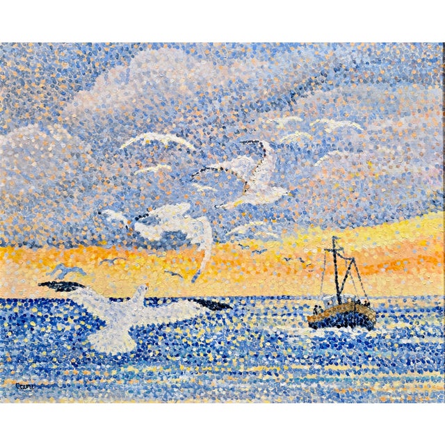 Yvonne Canu –Seagulls at Sunset (Les Mouettes)- French Pointillist Seascape-Oil Painting For Sale - Image 4 of 12