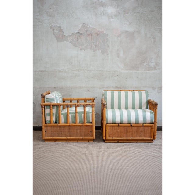 Bamboo armchairs by dal vera – 1960s crafted in bamboo and wicker fabric, complete with cushions upholstered in mould-...