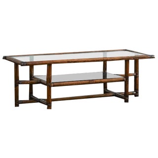 Bamboo Coffee Table with Leather Bindings and Double Glass Top, 1970 For Sale