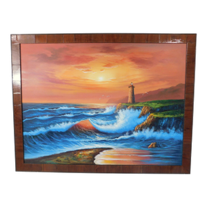 Large Vintage Signed Oil on Canvas Lighthouse Seascape Framed Painting