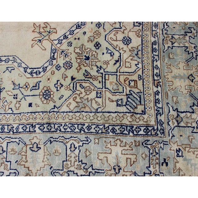 Early 20th Century Antique Turkish Oushak With Geometric Motifs in Champagne Field and Accent Blue For Sale - Image 9 of 12