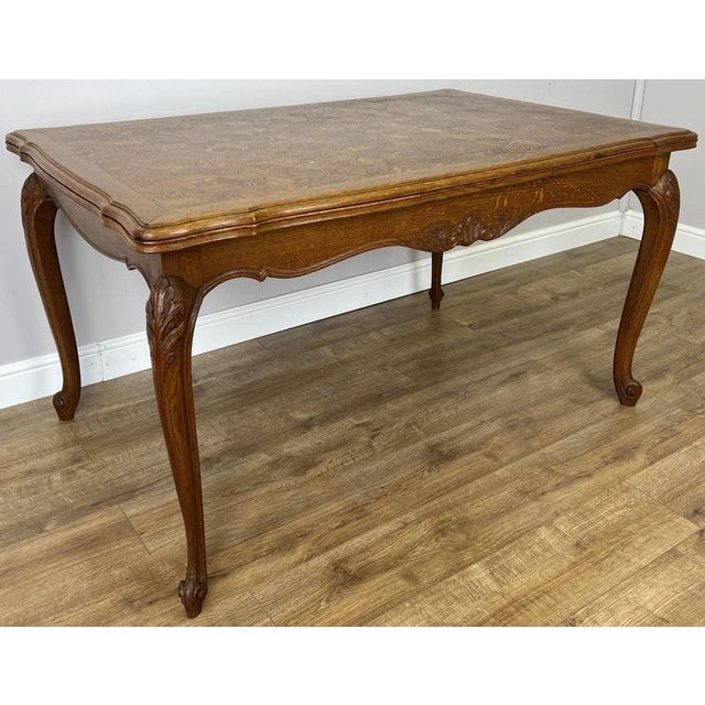 French Louis XVI Extendable Dining Table in Carved Oak For Sale - Image 3 of 17