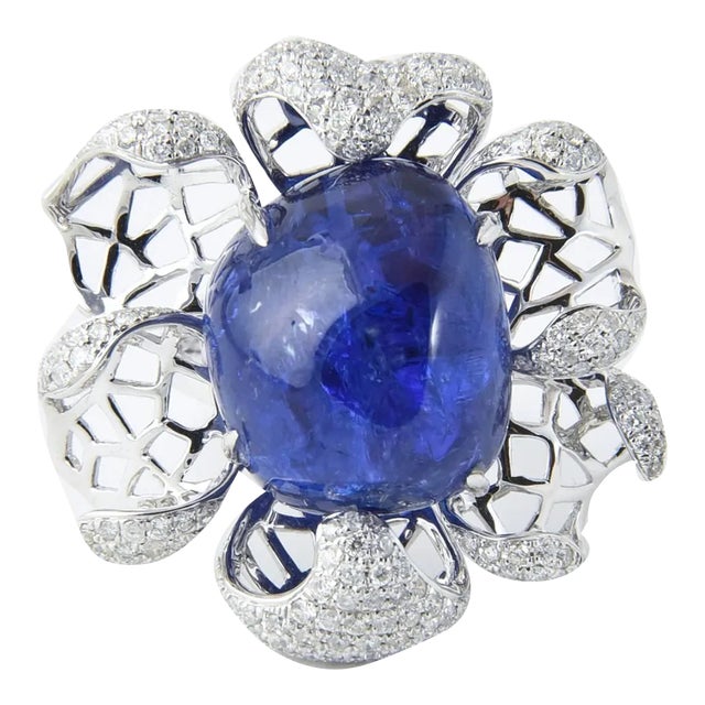 Modern Large Tanzanite Diamond Gold Flower Statement Ring Size 6.75 For Sale