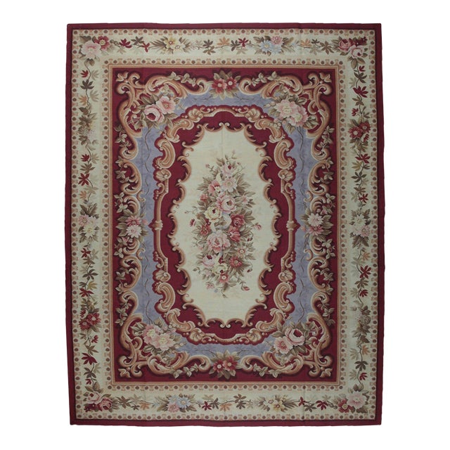 9x12 Vintage Aubusson Flat Weave Wool Rug, Burgundy Rose Medallion For Sale
