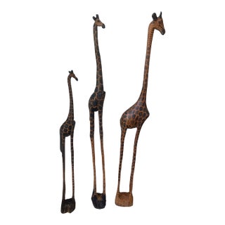 Vintage Safari Giraffe Family Wood Sculptures - Set of 3 For Sale