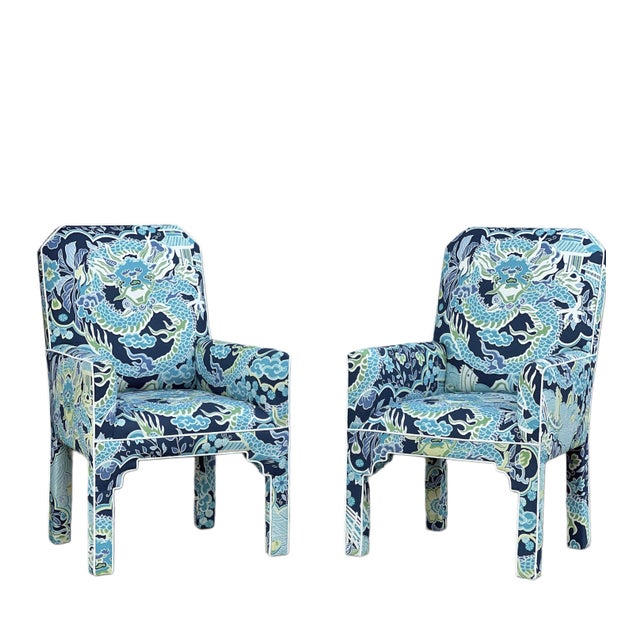 1980s Pair MCM CasaBique Ming Armchairs in Thibaut “Imperial Dragon” For Sale - Image 16 of 18