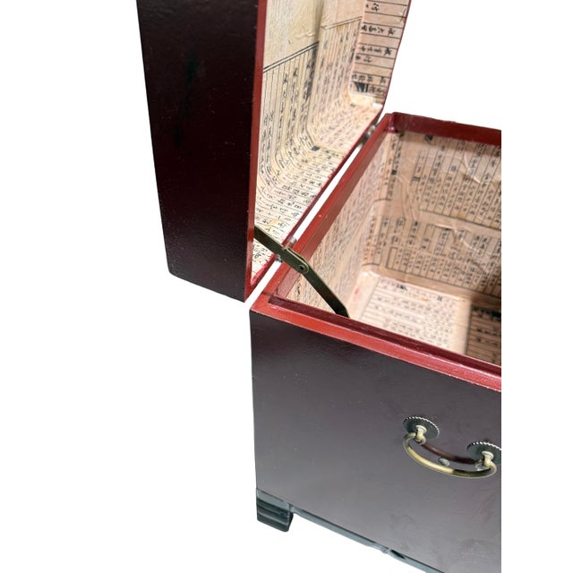 Antique Chinese Raised Red Tansu Box With Brass Butterfly Hardware For Sale - Image 9 of 12