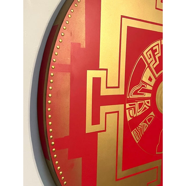 Abstract Red and Gold Mandala Modern Primitive / Ancient Industrial Large Scale Wall Mounted Mandala For Sale - Image 3 of 5