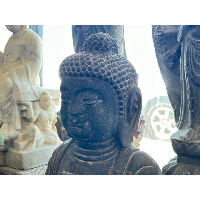 24" Distressed Black Brown Cross Legs Peaceful Hands Stone Buddha Statue For Sale - Image 12 of 13