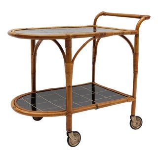 Bamboo and Rattan Bar Cart Serving Trolley, Italy, 1950s For Sale