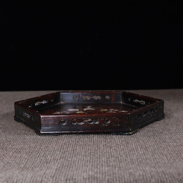 Wood Vintage Zitan Wood Hexagonal Tray With Mother-of-Pearl Bird & Floral Inlay For Sale - Image 7 of 10