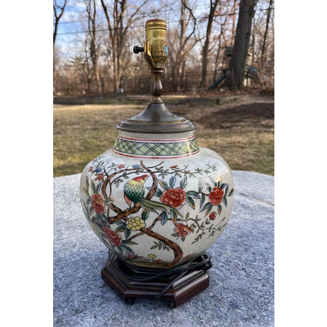 Mid-Century Modern Asian Chinoiserie MCM Table Lamp W Bird and Floral Motif For Sale - Image 3 of 9