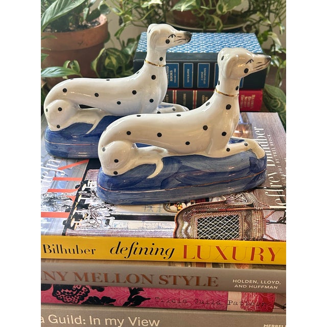 Vintage Staffordshire Style Dalmatian Dog Ceramic Bookends on Cobalt Blue Bases – A Pair For Sale - Image 4 of 9