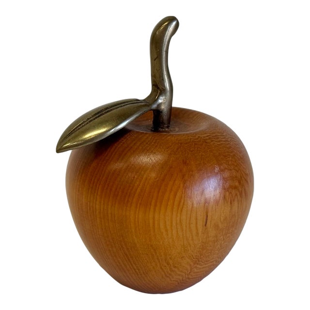 Carved Wood Apple With Brass Stem For Sale