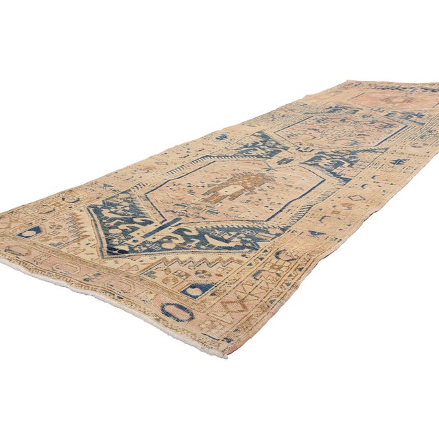 61522 Vintage Persian Heriz Rug Runner, 03'03 x 10'00. The Pastel Sovereign: A Vintage Persian Heriz Masterwork of Tribal...