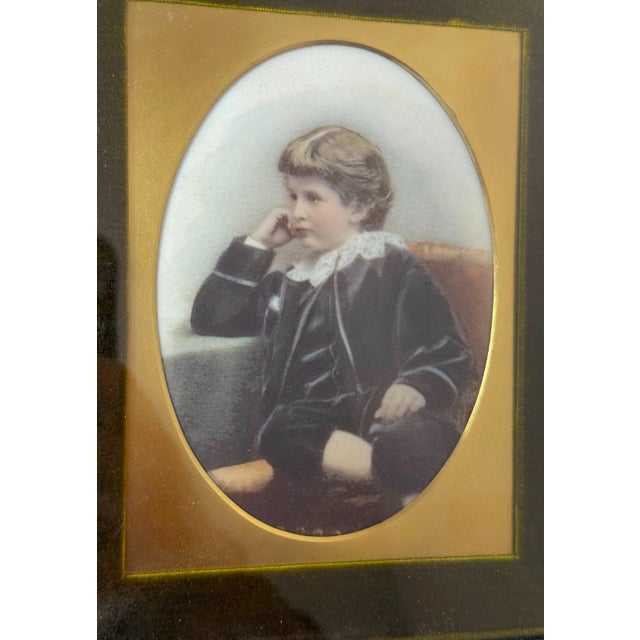 Realism Antique 19th Century Original Miniature Young Boy Painting on Porcelain Portrait For Sale - Image 3 of 11