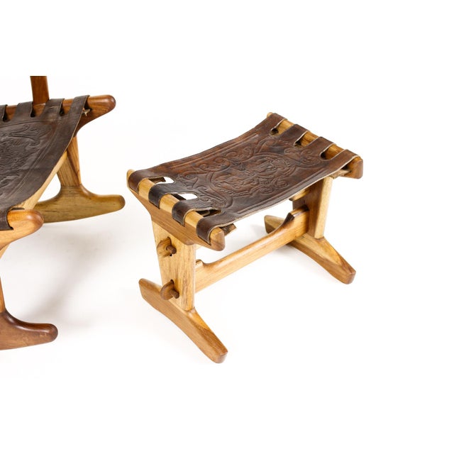 Industria Mueblera Mexico Vintage Mid Century Modernist Wood + Leather Rocking Chair + Ottoman Set – Angel Pazmino For Sale - Image 4 of 15