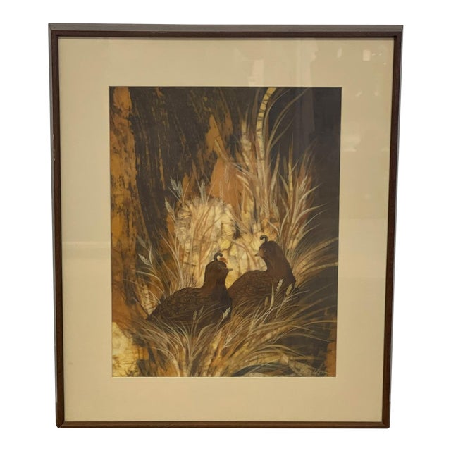 1970s Louise "Lou" Wilson Signed Batik Art of Quail, Framed Wildlife Artwork. For Sale