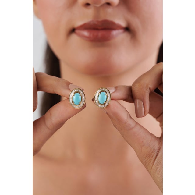 Turquoise Vintage-Style 2.42ct Turquoise Cabochon Diamond Stud Earrings in 14k Yellow Gold- A Pair For Sale - Image 8 of 15
