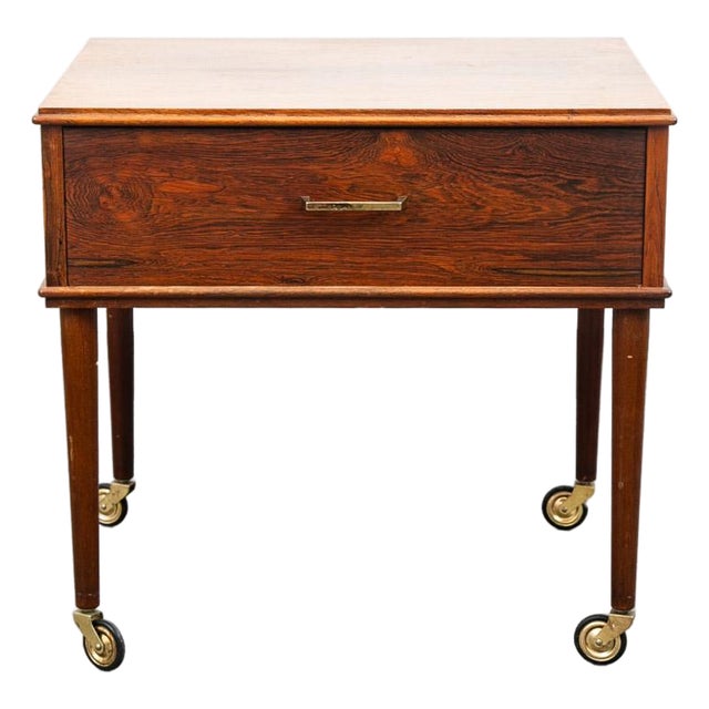 Mid Century Danish Modern Sewing Table Cart Sewing Rosewood Rolling Drawer Craft For Sale