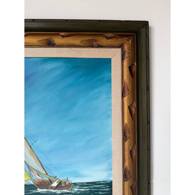 Blue Vintage Sailboat Seascape Oil Painting on Board – Framed For Sale - Image 8 of 15