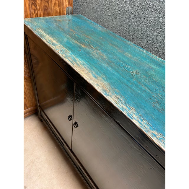 Distressed Dark Teal Blue Green Doors Credenza Sideboard Console Table For Sale In San Francisco - Image 6 of 10