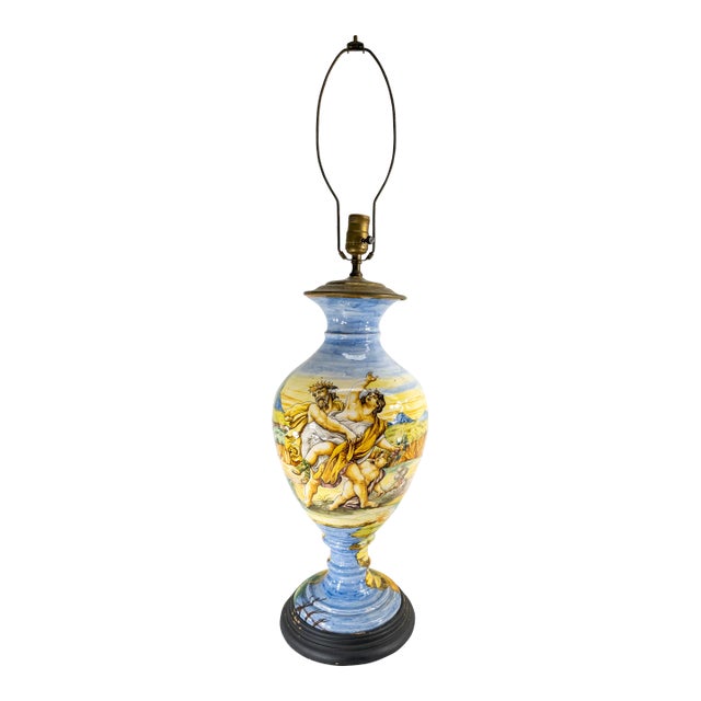 19th Century Italian Majolica Maiolica Faience Table Lamp With Figures For Sale