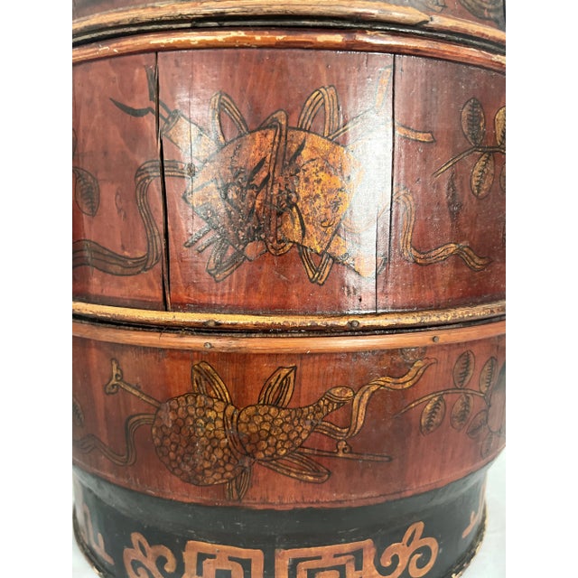 Brown Antique Chinese Tiered Storage Box or Basket, Sewing Box, Hand Decorated & Signed With Auspicious Objects For Sale - Image 8 of 12