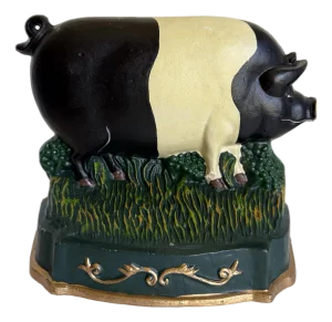 Vintage Cast Iron Black and White Pig Doorstop