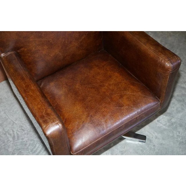 Hand Dyed Brown Leather Aviator Hammered Metal Swivel Captains Armchair For Sale - Image 9 of 18