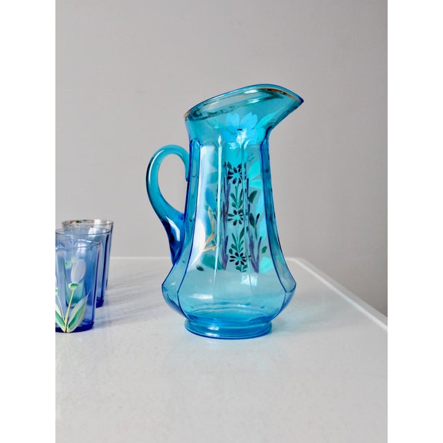 Antique Blue Hand-Painted Glass Pitcher and Tumbler Set For Sale - Image 12 of 14