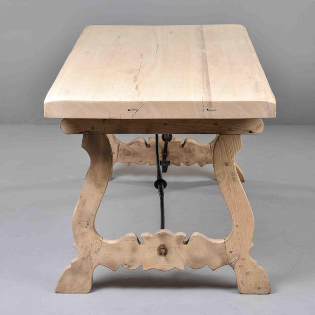 Late 19th Century Italian Bleached Oak Trestle Table With Wrought Iron Stretcher For Sale - Image 5 of 12