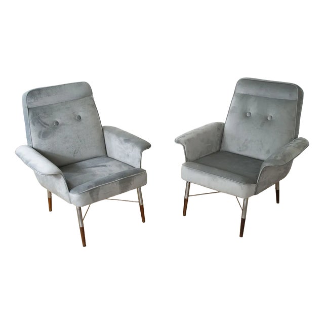 Set of Italian Armchairs in Grey Velvet, 1960s For Sale