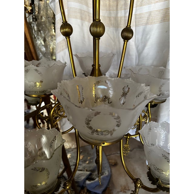 Metal Vintage 12 Light Brass Gas Fixture With Stencil Etched Shades For Sale - Image 7 of 8