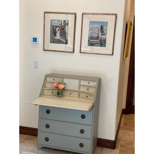 Mediterranean Coastal & Village Scenes Original Watercolor in Custom Silver Leaf Frame For Sale In Phoenix - Image 6 of 7