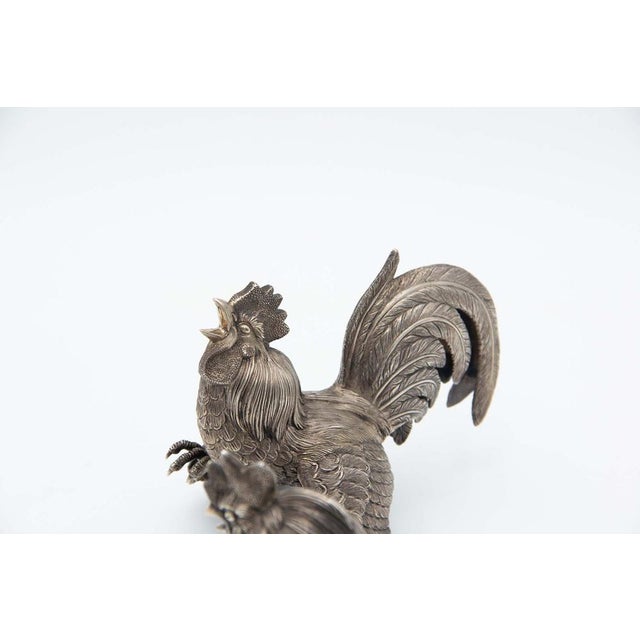 Embossed Silver Fighting Cocks, Set of 2 For Sale - Image 3 of 6