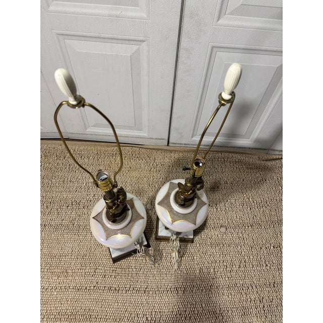 Metal Mid 20th Century Neoclassical Style Table Lamps With Milk Glass Bodies, Brass Accents, and Marble Bases For Sale - Image 7 of 10