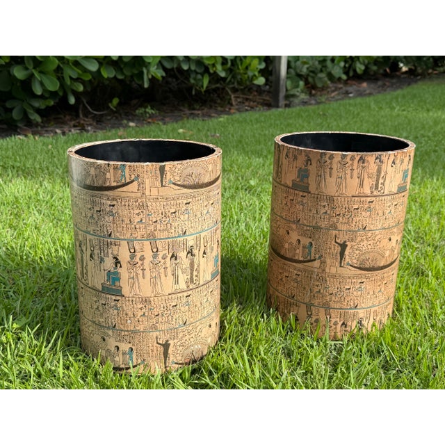 Vintage Egyptian Revival Paper-Covered Wastebaskets | Pair For Sale - Image 9 of 12