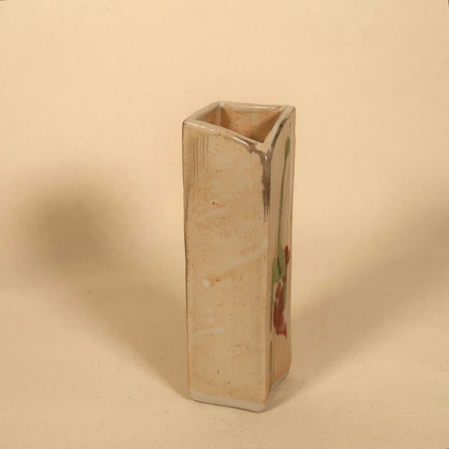 20thC Handmade Sculptural Rectangular Ceramic Bud Vase With Abstract Floral Glaze, Mid Century Modern Organic Form For Sale - Image 12 of 15