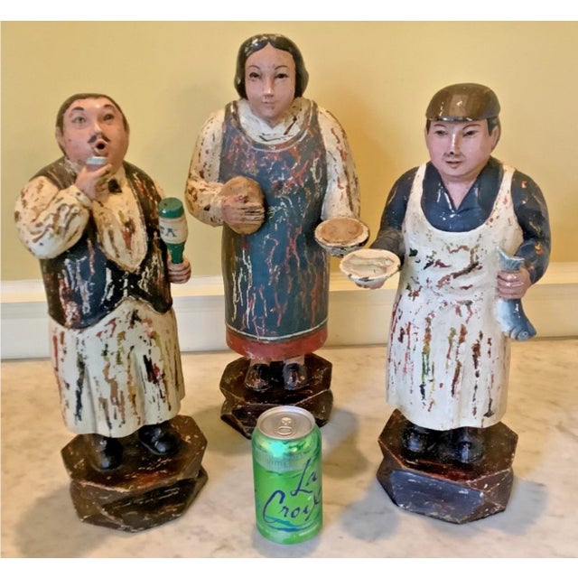 White VTG Large French Street Vendor Statues, Wood & Plaster, 16-18" High, Unique! For Sale - Image 8 of 8
