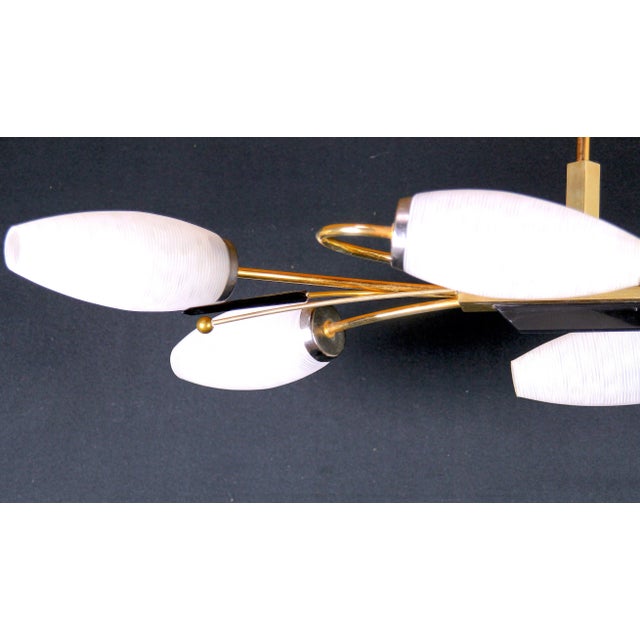 Mid-Century Modern Maison Lunel, Brass Chandelier and Six Opalines Shades, Mid-Century France For Sale - Image 3 of 7