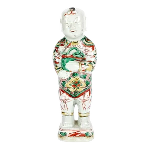 Antique 17th Century Chinese Kangxi Porcelain Figure of Laughing Ho Ho Boy Holding Vase in Famille Vert Glaze