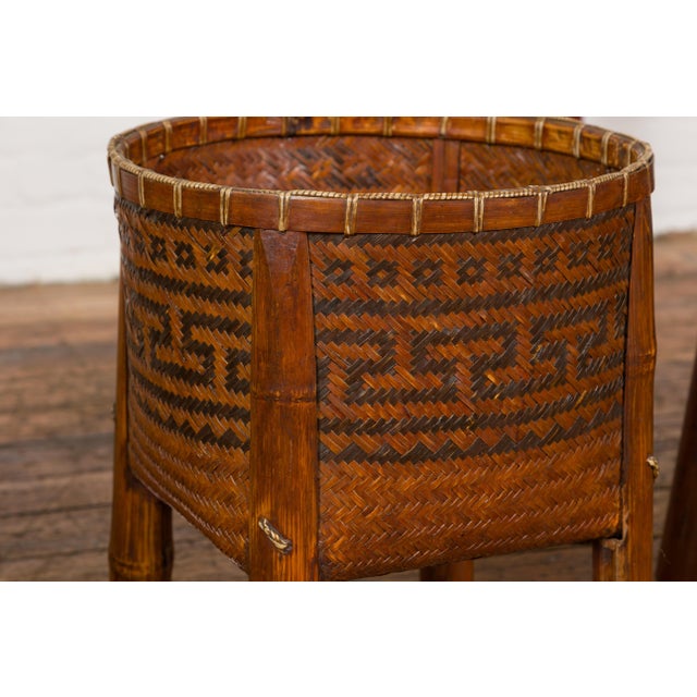 Mid 20th Century Woven Rattan Basket on Legs with Greek Key Motifs For Sale - Image 11 of 12