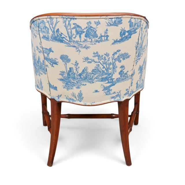 Blue & Cream Toile Faux Bamboo Walnut Bergère Chair, Georgian Style, Mid-20th Century For Sale - Image 4 of 8