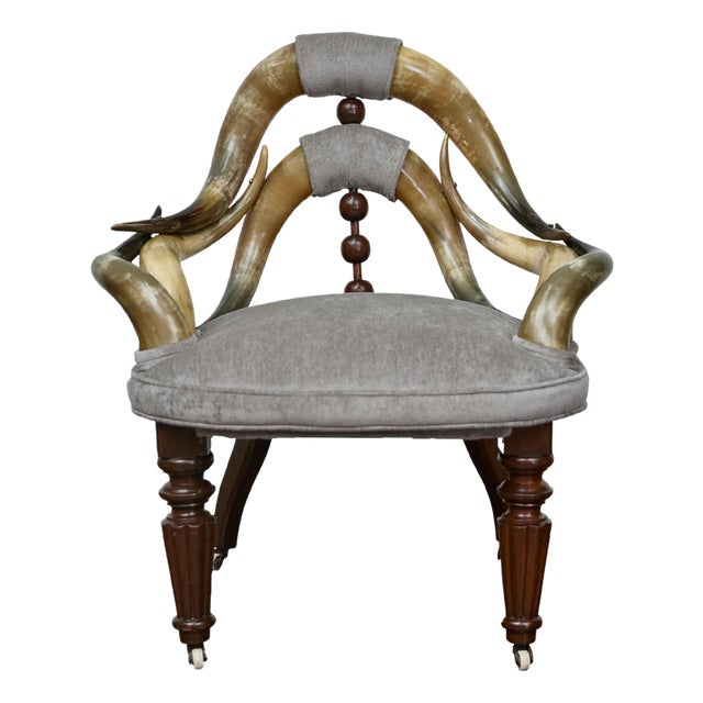 English Mahogany and Horn Victorian Chair with Velvet Upholstery circa 1880 For Sale