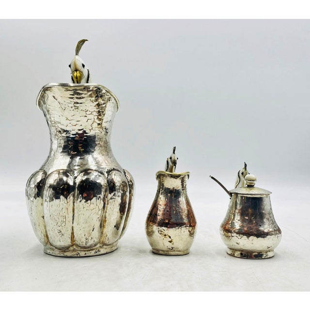 1960s 1960s Los Castillo Taxco Parrot Pitcher Tea Set Silver Plate Hardstone - 4pcs For Sale - Image 5 of 18