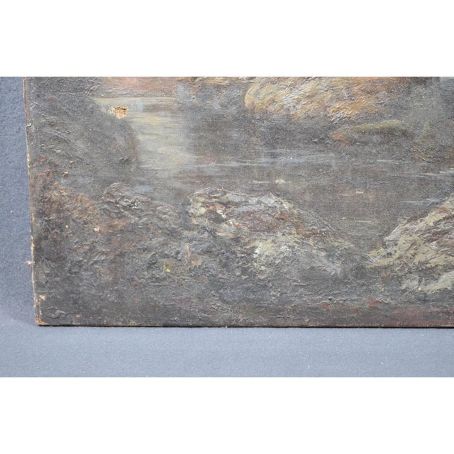 Antique French Woodland Landscape Oil Painting With Rocks and Stream For Sale - Image 6 of 12
