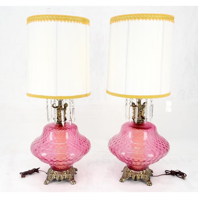 Pair of Large Cranberry Glass Crystal Decorated Table Lamps MINT! For Sale - Image 4 of 15